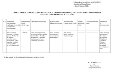 Zdjęcie do Wykaz obejmujący lokal użytkowy stanowiący własność Gminy Miasta Płońsk przeznaczony do oddania w użyczenie