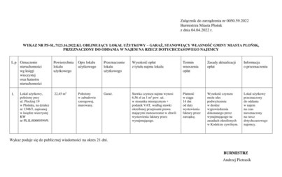 Zdjęcie do WYKAZ OBEJMUJĄCY LOKAL UŻYTKOWY &ndash; GARAŻ, STANOWIĄCY WŁASNOŚĆ GMINY MIASTA PŁOŃSK,  PRZEZNACZONY DO ODDANIA W NAJEM NA RZECZ DOTYCHCZASOWEGO NAJEMCY