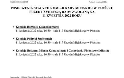 Zdjęcie do Posiedzenia Stałych Komisji Rady Miejskiej w Płońsku przed Lxvii Sesją Rady zwołaną na 11 kwietnia 2022 r.