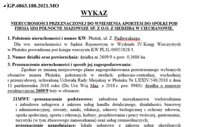 Zdjęcie do Wykaz nieruchomości przeznaczonej do wniesienia aportem do sp&oacute;łki pod firmą sim p&oacute;łnocne Mazowsze sp. z o.o. z siedzibą w Ciechanowie