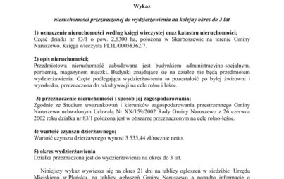 Zdjęcie do Wykaz nieruchomości przeznaczonej do wydzierżawienia na kolejny okres do 3 lat 