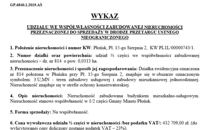 Zdjęcie do Wykaz udziału we wsp&oacute;łwłasności zabudowanej nieruchomości przeznaczonego do sprzedaży w drodze przetargu ustnego nieograniczonego