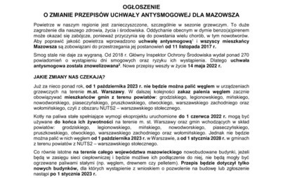 Zdjęcie do Ogłoszenie o zmianie przepis&oacute;w uchwały antysmogowej dla Mazowsza