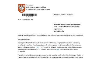 Zdjęcie do Pismo Marszałka Adama Struzika ws. nowelizacji uchwały antysmogowej 