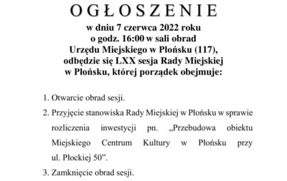 Zdjęcie do Ogłoszenie LXX sesja Rady Miejskiej w Płońsku