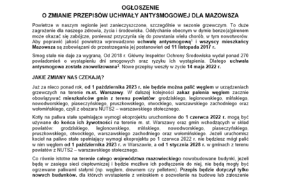 Zdjęcie do Ogłoszenie o zmianie przepis&oacute;w uchwały antysmogowej dla Mazowsza