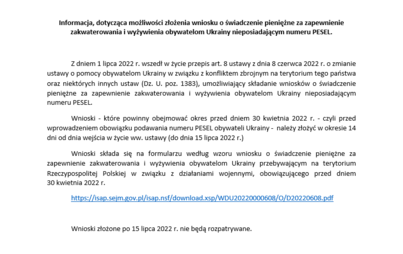 Zdjęcie do Informacja, dotycząca możliwości złożenia wniosku o świadczenie pieniężne za zapewnienie zakwaterowania i wyżywienia obywatelom Ukrainy nieposiadającym numeru PESEL