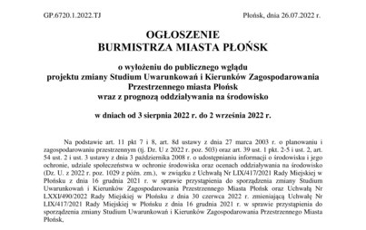 Zdjęcie do Ogłoszenie Burmistrza Miasta Płońska o wyłożeniu do publicznego wglądu  projektu zmiany Studium Uwarunkowań i Kierunk&oacute;w Zagospodarowania Przestrzennego miasta Płońsk wraz z prognozą oddziaływania na środowisko