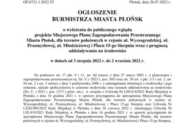 Zdjęcie do Ogłoszenie Burmistrza Miasta Płońska o wyłożeniu do publicznego wglądu  projektu Miejscowego Planu Zagospodarowania Przestrzennego Miasta Płońsk