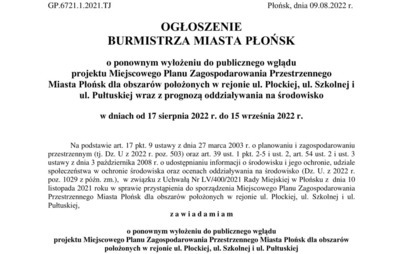Zdjęcie do Ogłoszenie Burmistrza Miasta Płońsk o ponownym wyłożeniu do publicznego wglądu  projektu Miejscowego Planu Zagospodarowania Przestrzennego Miasta Płońsk dla obszar&oacute;w położonych w rejonie ul. Płockiej, ul. Szkolnej i ul. Pułtuskiej