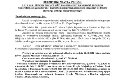 Zdjęcie do Ogłoszenie o przetargu- I przetarg ustny nieograniczony na sprzedaż udziału - Pl. 15go Sierpnia 2