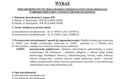 Zdjęcie do Wykaz niezabudowanych nieruchomości przeznaczonych do sprzedaży ul. Skarżyńska