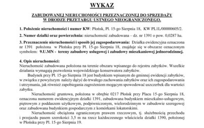 Zdjęcie do Wykaz zabudowanej nieruchomości przeznaczonej do sprzedaży Pl 15go Sierpnia 18