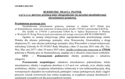 Zdjęcie do Pierwszy przetarg ustny nieograniczony na sprzedaż niezabudowanej nieruchomości gruntowej, stanowiącej własność Gminy Miasto Płońsk