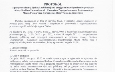 Zdjęcie do Protok&oacute;ł z przeprowadzonej dyskusji publicznej nad przyjetymi rozwiązaniami w projekcie zmiany Studium Uwarunkowań i Kierunk&oacute;w Zagospodarowania Przestrzennego Miasta Płońsk