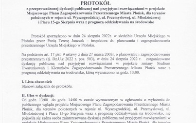 Zdjęcie do Protok&oacute;ł z przeprowadzonej dyskusji publicznej nad przyjetymi rozwiązaniami w projekcie Miejscowego Planu Zagospodarowania Przestrzennego Miasta Płońsk, dla teren&oacute;w połozonych w rejonie ul. Wyszogrodzkiej, ul. Przemysłowej, ul. Młodziezowej i Placu 15-go 