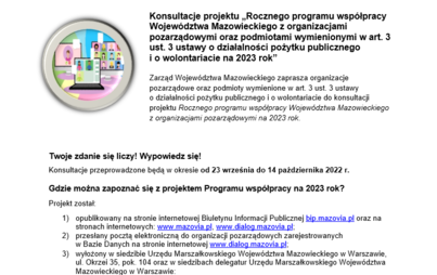 Zdjęcie do Konsultacje projektu &bdquo;Rocznego programu wsp&oacute;łpracy Wojew&oacute;dztwa Mazowieckiego z organizacjami pozarządowymi na 2023 rok