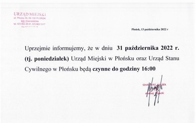 Zdjęcie do Informacja dot. godzin otwarcia Urzędu Miejskiego 31 października br. 