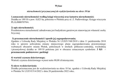 Zdjęcie do Wykaz nieruchomości przeznaczonej do wydzierżawienia na okres 10 lat 