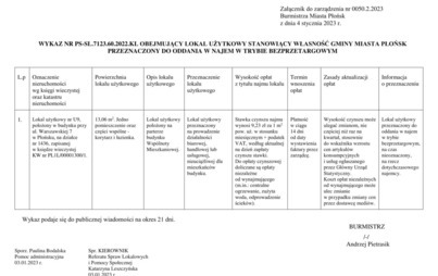 Zdjęcie do Wykaz obejmujący lokal użytkowy U9 położony przy ul. Warszawskiej 7, stanowiący własność Gminy Miasta Płońsk przeznaczony do oddania w najem