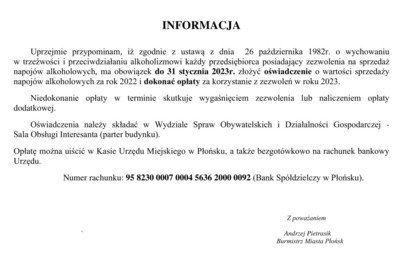 Zdjęcie do Informacja dot. terminu składania oświadczeń o wartości sprzedaży alkoholu oraz terminie dokonania opłat