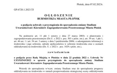 Zdjęcie do Podjęcie uchwały o przystąpieniu do sporządzenia zmiany Studium Uwarunkowań i Kierunk&oacute;w Zagospodarowania Przestrzennego Miasta Płońsk
