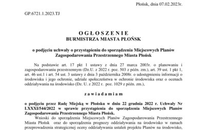 Zdjęcie do Podjęcie uchwały o przystąpieniu do sporządzenia Miejscowych Plan&oacute;w Zagospodarowania Przestrzennego Miasta Płońsk