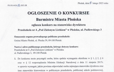 Zdjęcie do Burmistrz Miasta Płońska ogłasza konkurs na stanowisko dyrektora Przedszkola nr 4 &bdquo;Pod Zielonym Listkiem&rdquo; w Płońsku