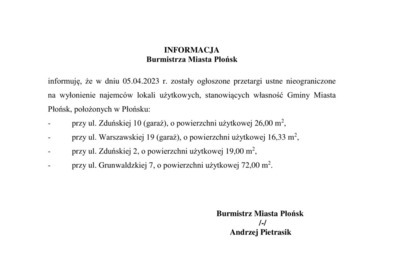 Zdjęcie do Przetargi ustne nieograniczone na wyłonienie najemc&oacute;w lokali użytkowych