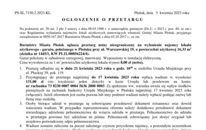 Zdjęcie do Przetarg ustny nieograniczony na wyłonienie najemcy lokalu użytkowego - garażu, położonego w Płońsku przy ul. Warszawskiej 19