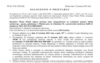 Zdjęcie do Przetarg ustny nieograniczony na wyłonienie najemcy lokalu użytkowego - garażu, położonego w Płońsku przy ul. Zduńskiej 10