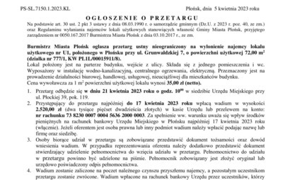 Zdjęcie do Przetarg ustny nieograniczony na wyłonienie najemcy lokalu użytkowego nr U1, położonego w Płońsku przy ul. Grunwaldzkiej 7