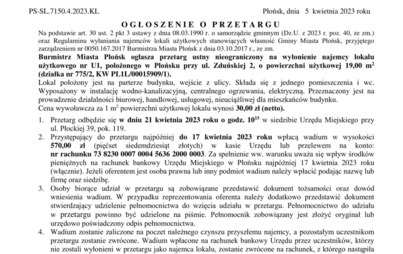 Zdjęcie do Przetarg ustny nieograniczony na wyłonienie najemcy lokalu użytkowego nr U1, położonego w Płońsku przy ul. Zduńskiej 2