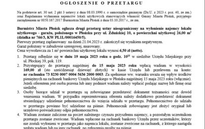 Zdjęcie do Drugi przetarg ustny nieograniczony na wyłonienie najemcy lokalu użytkowego - garażu, położonego w Płońsku przy ul. Zduńskiej 10