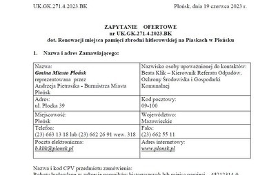 Zdjęcie do Zapytanie ofertowe dot. Renowacji miejsca pamięci zbrodni hitlerowskiej na Piaskach w Płońsku