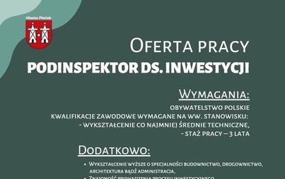 Zdjęcie do Oferta pracy na stanowisko podinspektora ds. inwestycji 