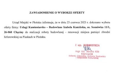 Zdjęcie do ZAWIADOMIENIE O WYBORZE OFERTY