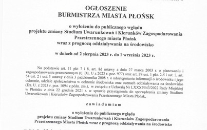 Zdjęcie do Ogłoszenie Burmistrza Miasta Płońska o wyłożeniu do publicznego wglądu projektu zmiany Studium Uwarunkowań i Kierunk&oacute;w Zagospodarowania Przestrzennego Miasta Płońsk 