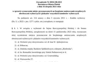 Zdjęcie do Zarządzenie Burmistrza Miasta Płońsk w sprawie wyznaczenia miejsc przeznaczonych na bezpłatne umieszczanie urzędowych obwieszczeń wyborczych i plakat&oacute;w wszystkich komitet&oacute;w wyborczych