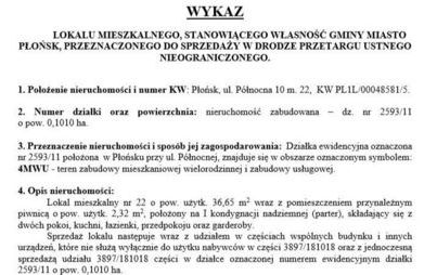 Zdjęcie do Wykaz nieruchomości przeznaczonej do sprzedaży - Płońsk, lokal nr 22, ul. P&oacute;łnocna 10