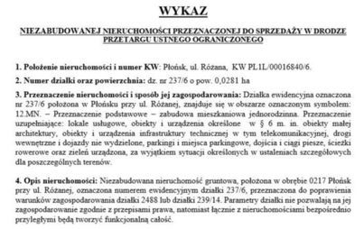 Zdjęcie do Wykaz nieruchomości przeznaczonej do sprzedaży - Płońsk, ul. R&oacute;żana