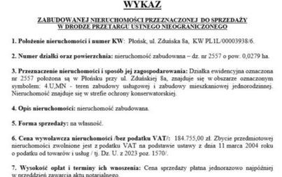 Zdjęcie do Wykaz nieruchomości przeznaczonej do sprzedaży, Płońsk, ul. Zduńska 8a