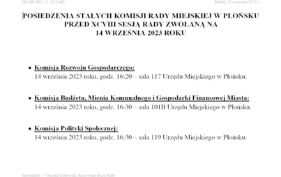 Zdjęcie do Posiedzenia Stałych Komisji Rady Miejskiej w Płońsku przed XCVIII sesją rady zwołaną na 14 września 2023 roku