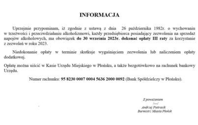 Zdjęcie do  informacja dot. terminu opłaty za korzystanie z zezwoleń na sprzedaż alkoholu
