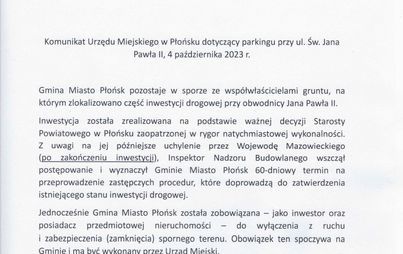 Zdjęcie do Komunikat Urzędu Miejskiego w Płońsku dotyczący parkingu przy ul. Św. Jana Pawła II