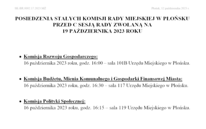 Zdjęcie do POSIEDZENIA STAŁYCH KOMISJI RADY MIEJSKIEJ W PŁOŃSKU PRZED C SESJĄ RADY ZWOŁANĄ NA 19 PAŹDZIERNIKA 2023 ROKU &nbsp;