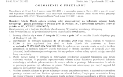 Zdjęcie do Burmistrz Miasta Płońsk ogłasza przetarg ustny nieograniczony na wyłonienie najemcy lokalu użytkowego - garażu, położonego w Płońsku przy ul. Płockiej 107, o powierzchni użytkowej 16,50 m2