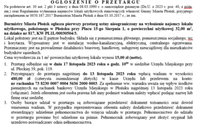 Zdjęcie do Burmistrz Miasta Płońsk ogłasza pierwszy przetarg ustny nieograniczony na wyłonienie najemcy lokalu użytkowego, położonego w Płońsku przy Placu 15-go Sierpnia 1, o powierzchni użytkowej 32,00 m2