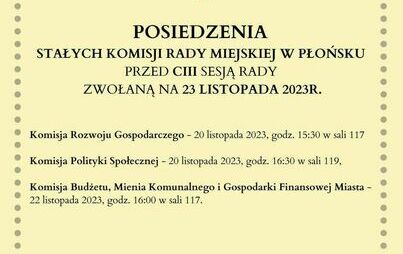Zdjęcie do POSIEDZENIA STAŁYCH KOMISJI RADY MIEJSKIEJ W PŁOŃSKU PRZED CIII SESJĄ RADY ZWOŁANĄ NA&nbsp; 23 LISTOPADA 2023 R.