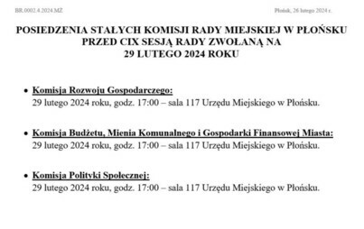 Zdjęcie do POSIEDZENIA STAŁYCH KOMISJI RADY MIEJSKIEJ W PŁOŃSKU PRZED CIX SESJĄ RADY ZWOŁANĄ NA 29 LUTEGO 2024 ROKU